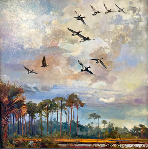 Oil on linen, ducks flying over pond