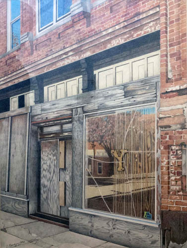 Watercolor of an old, boarded up store front