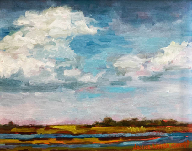 Oil on canvas, colorful picture of clouds and a field