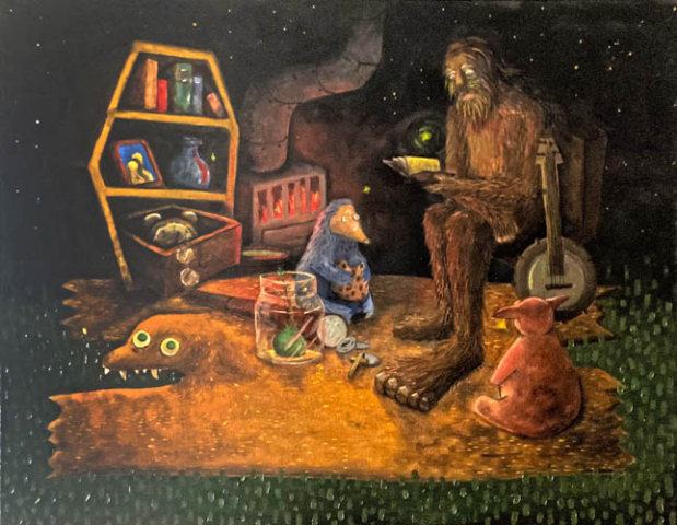 Oil on canvas, bigfoot reading a book to a small blue monster eating a cookie