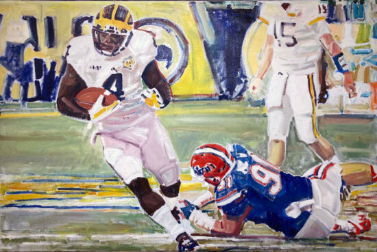 Oil painting of college football players