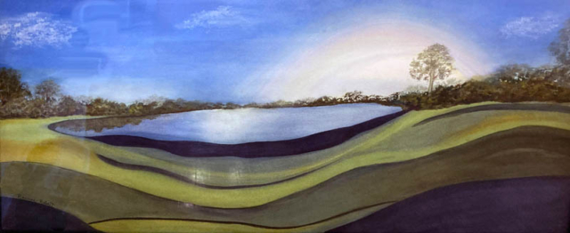 watercolor of a golf course on a sunny day with a rainbow