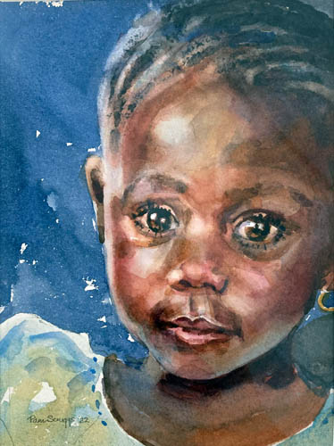 Watercolor painting of a shy, young girl
