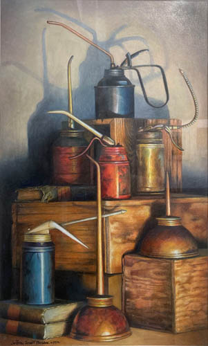 Colored pencil drawing of old, colorful oil cans