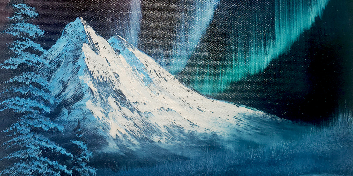 Bob Ross painting style northern lights scene