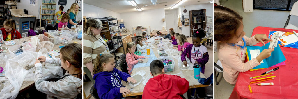 top image is a gallery overview photo, second image is children working in clay and painting/drawing.