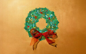 colorful wreath, done with acrylic paints, on a gold fabric background