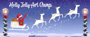 Holly Jolly Art Camp welcome image with Arty in a sleigh pulled by flying white reindeer