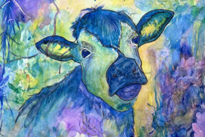colorful painting of a cow using watercolor as a medium
