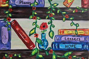 acrylic painting of colorful library books and plants on shelves